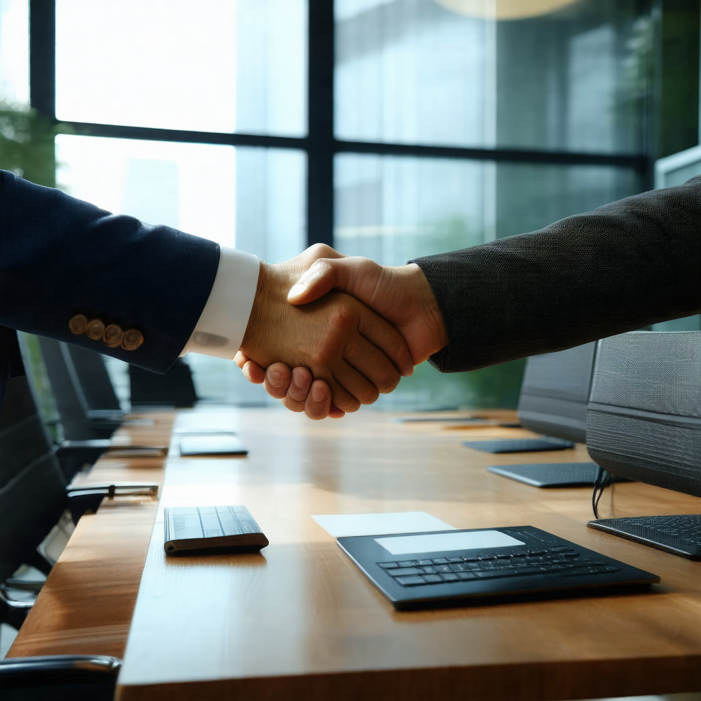 Two men shaking hands in a professional setting
