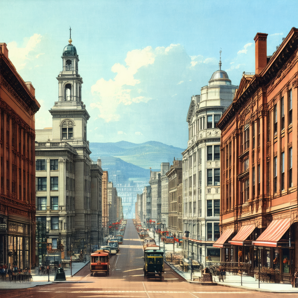 Black and white painting of a city street with a large bu...