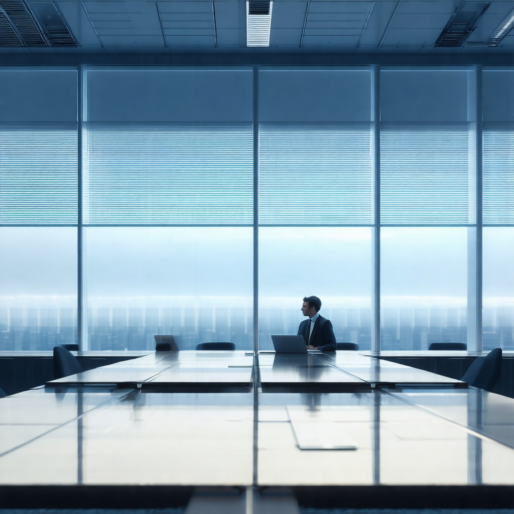 Man sitting at a large conference table in a modern offic...