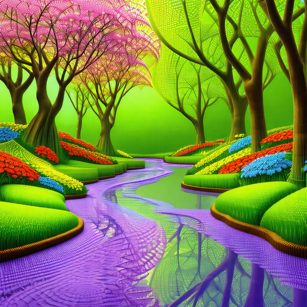 Beautifully painted landscape with a river flowing throug...