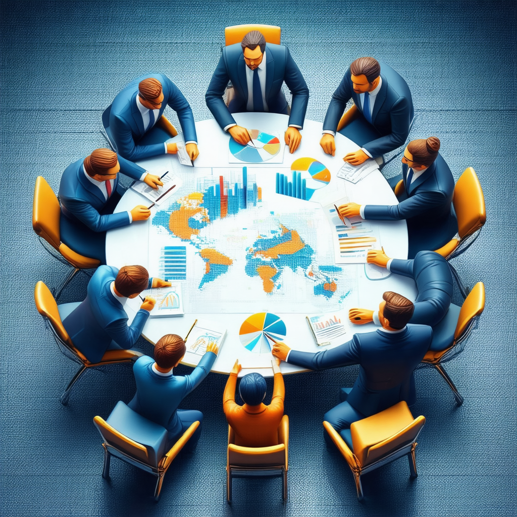 Group of businessmen sitting around a large round table, ...