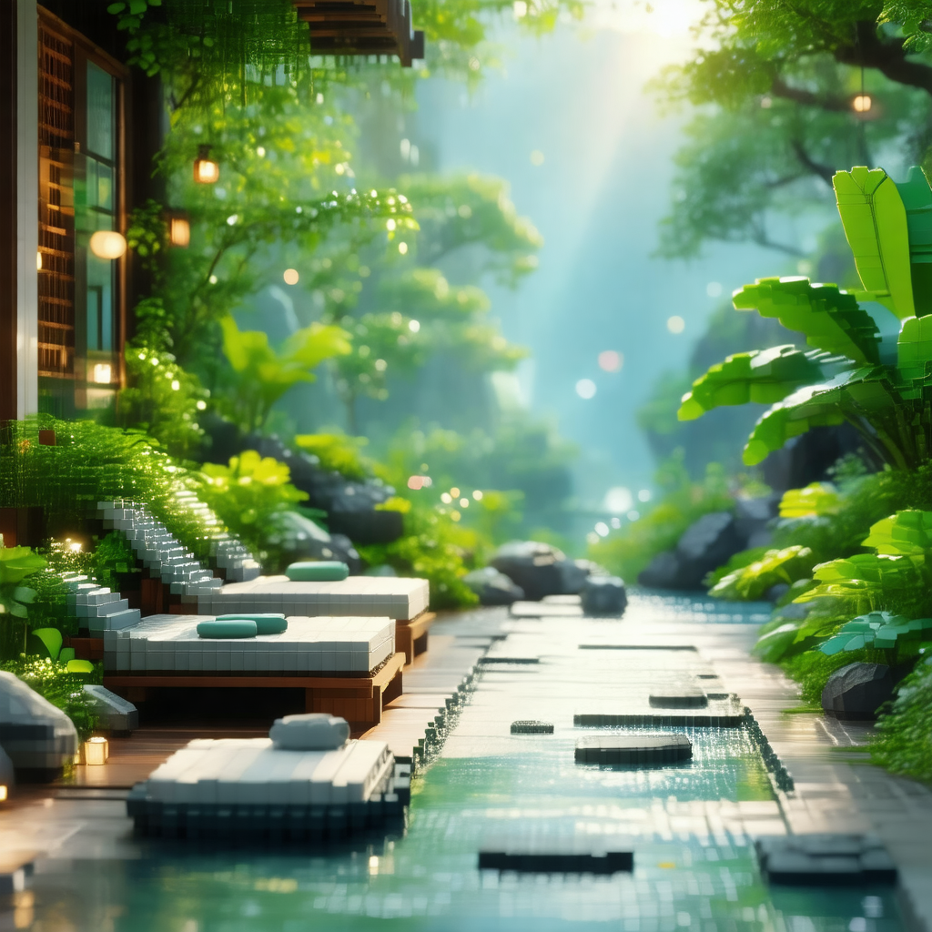 3d rendering of a serene scene featuring a small pool of ...