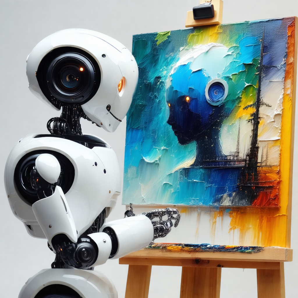 Robot standing in front of a painting, which is placed on...