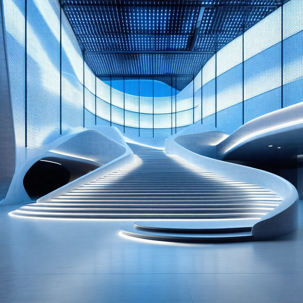 Large, modern building with a spiral staircase that leads...