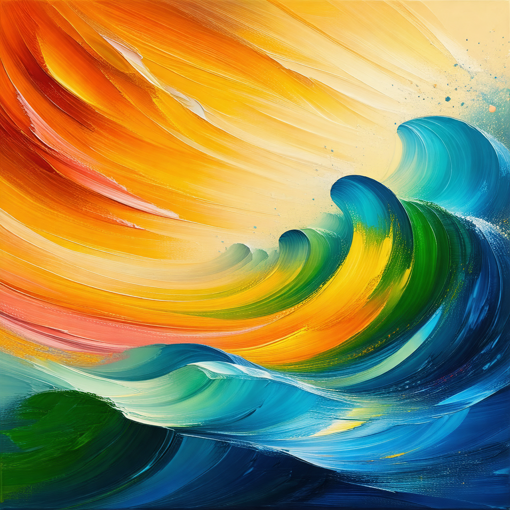 Painting of a wave, featuring a vibrant color palette