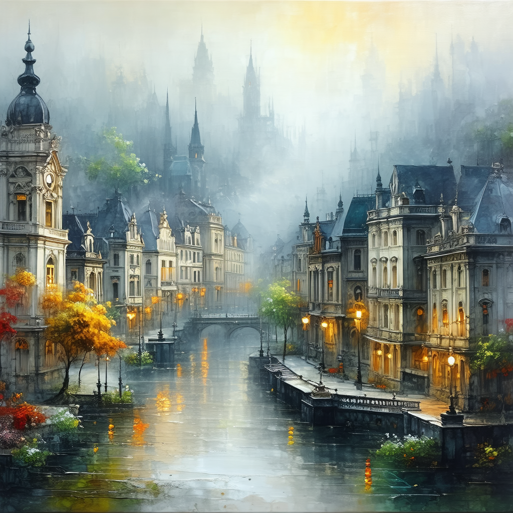 Painting of a city at night, with a river running through...