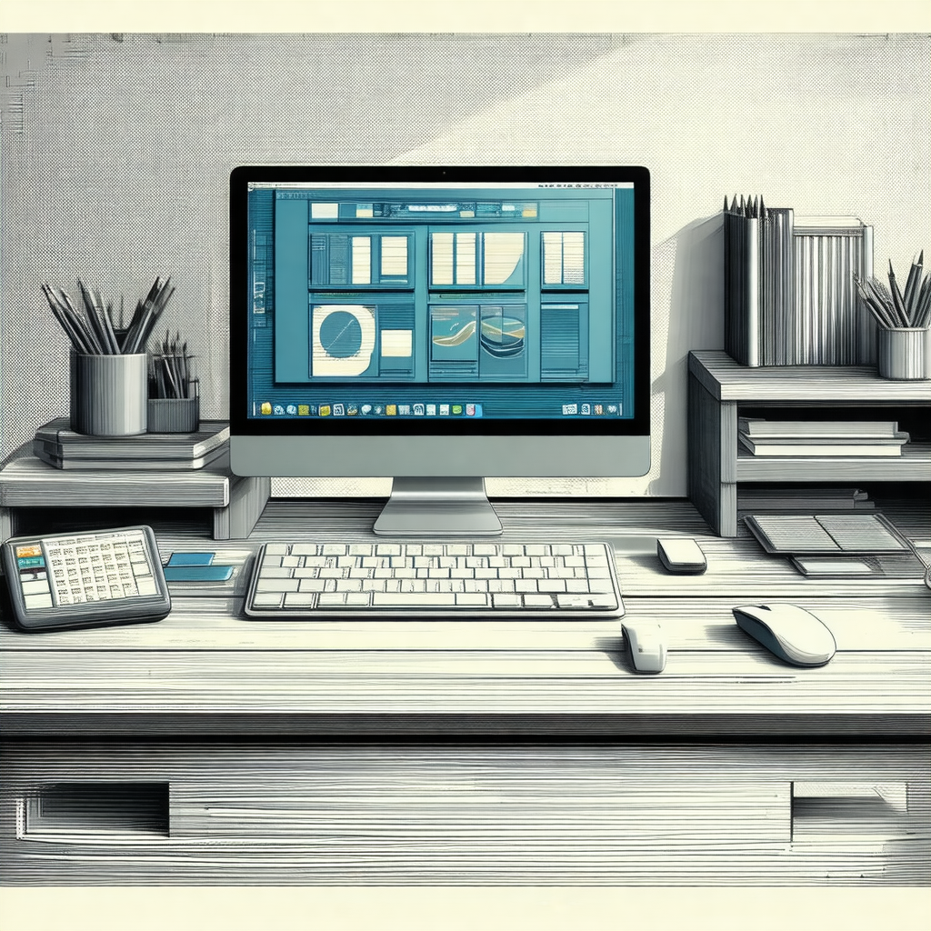 Wooden desk with a computer monitor and keyboard placed o...
