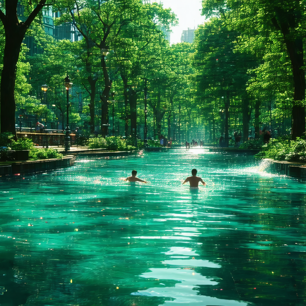 Group of people swimming in a large body of water, which ...