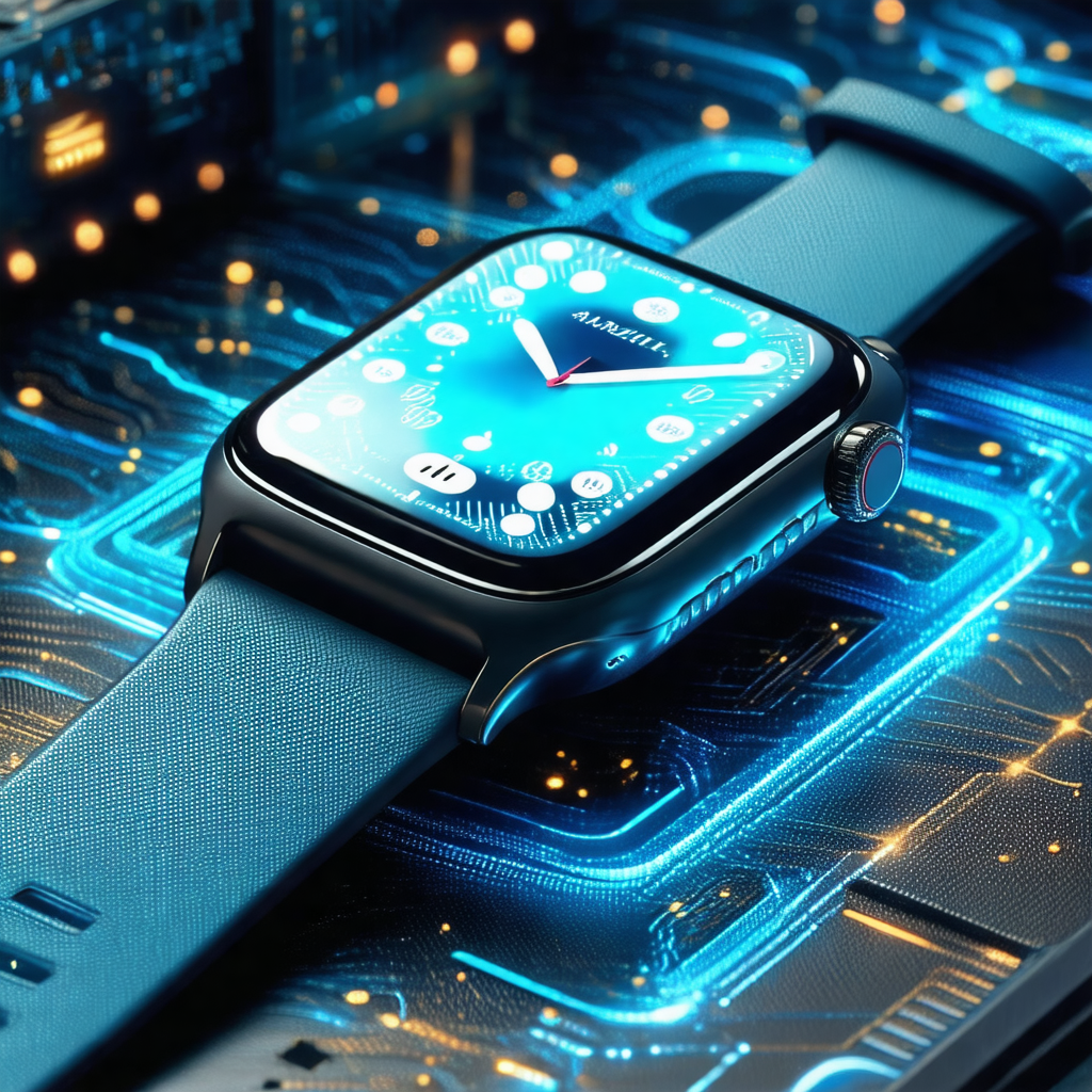 Close-up of a blue apple watch on a blue band