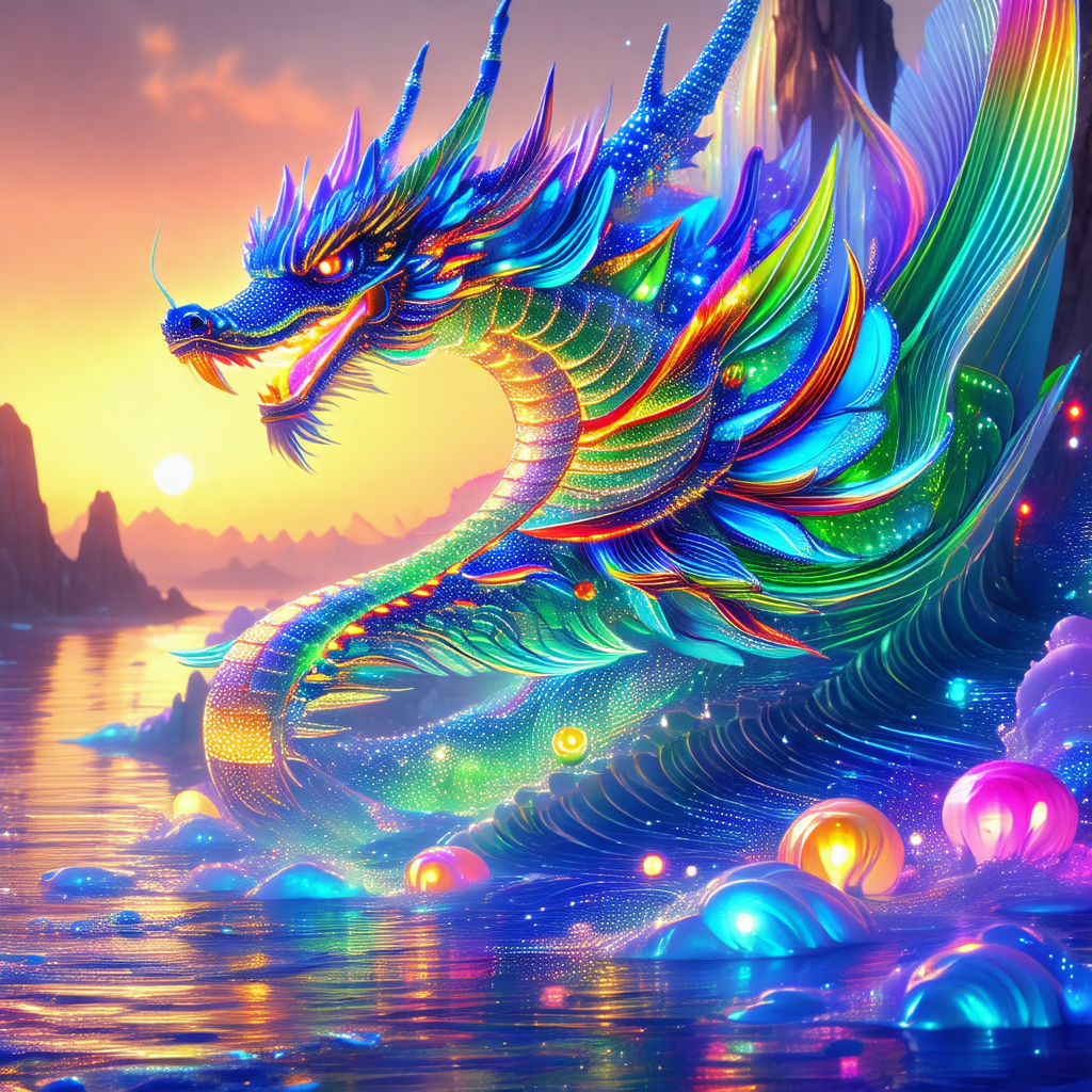 Large, colorful dragon with a long neck and a long tail