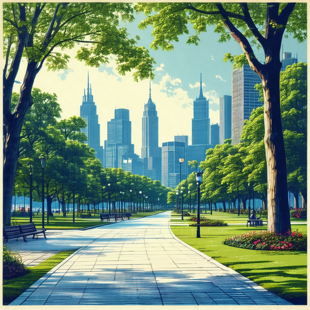 Painting of a city street with a park-like setting