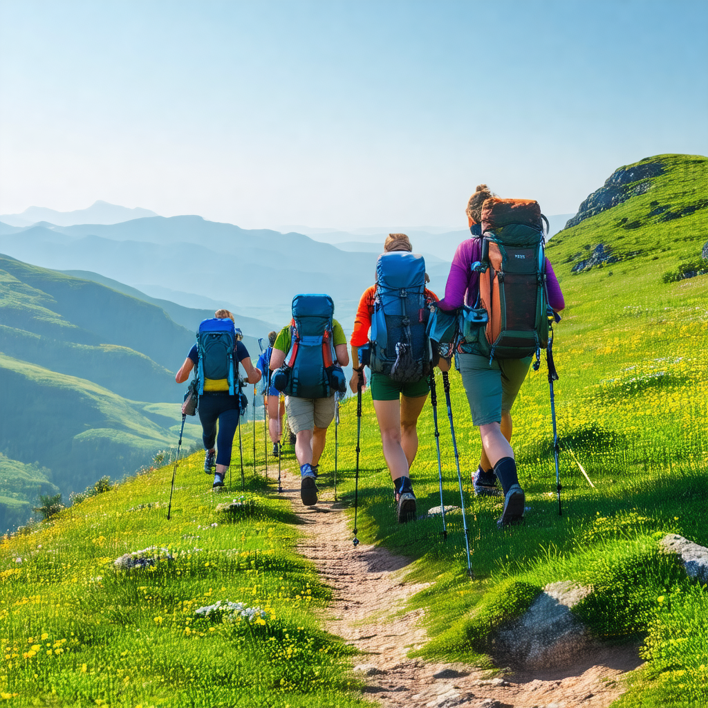 Group of five people walking up a grassy hill, each carry...
