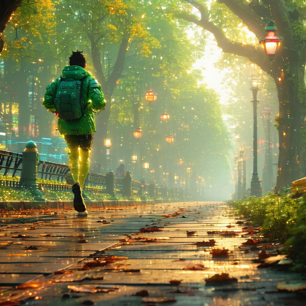 Person running down a path in a park, surrounded by trees