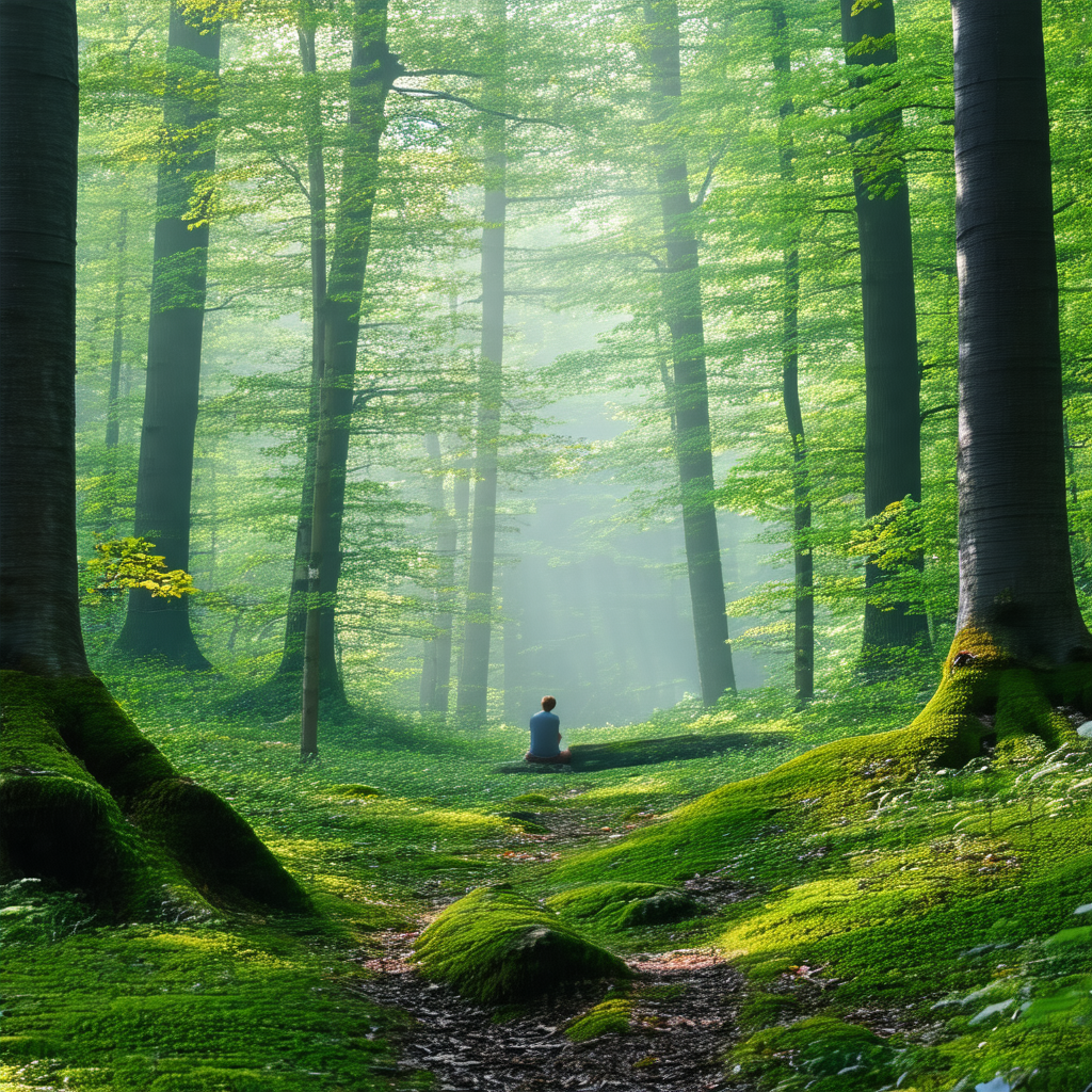 Man sitting on a rock in a forest, surrounded by trees