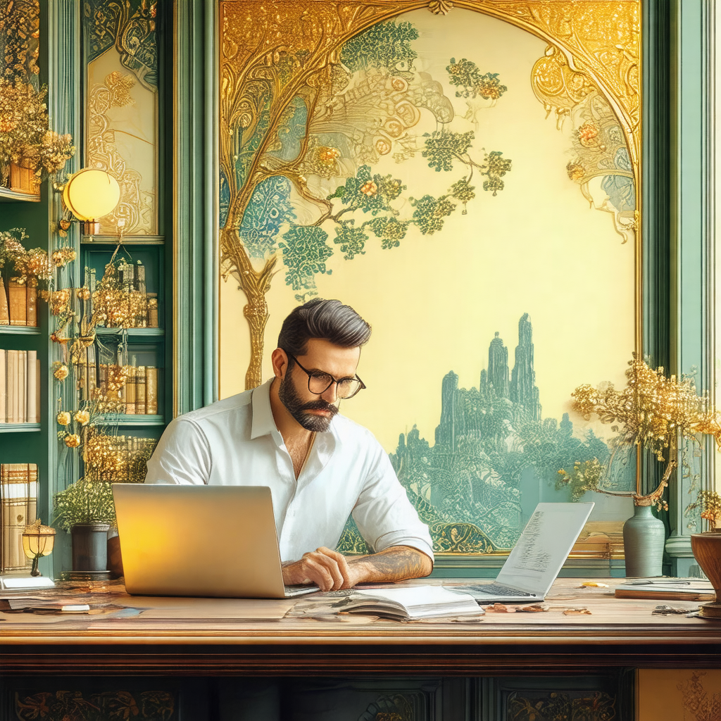 Man sitting at a desk, working on his laptop