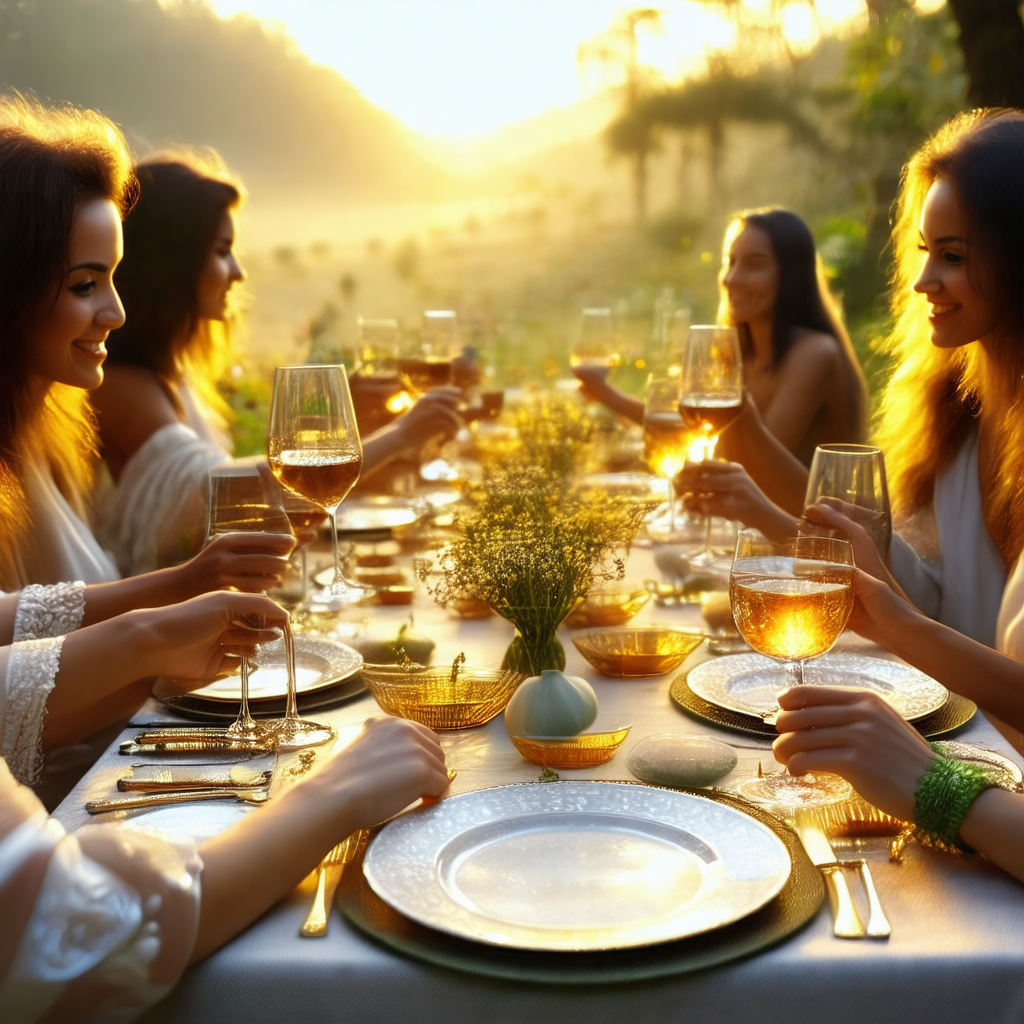 Group of women sitting around a dining table, enjoying a ...