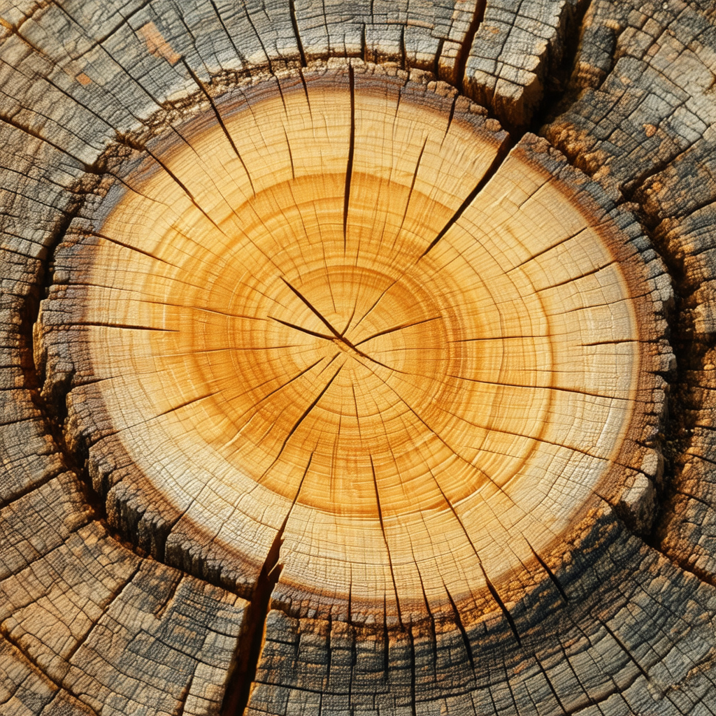 Large, old tree trunk that has been cut in half, revealin...