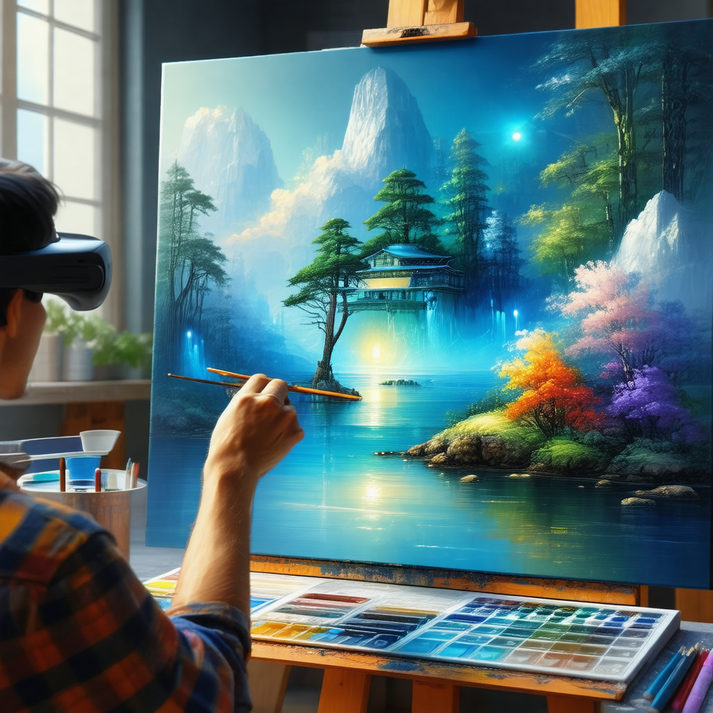 Man wearing a vr headset, standing in front of a painting...
