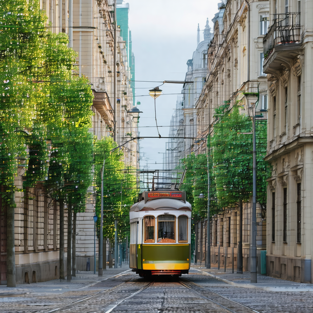 Green and yellow trolley car traveling down a city street