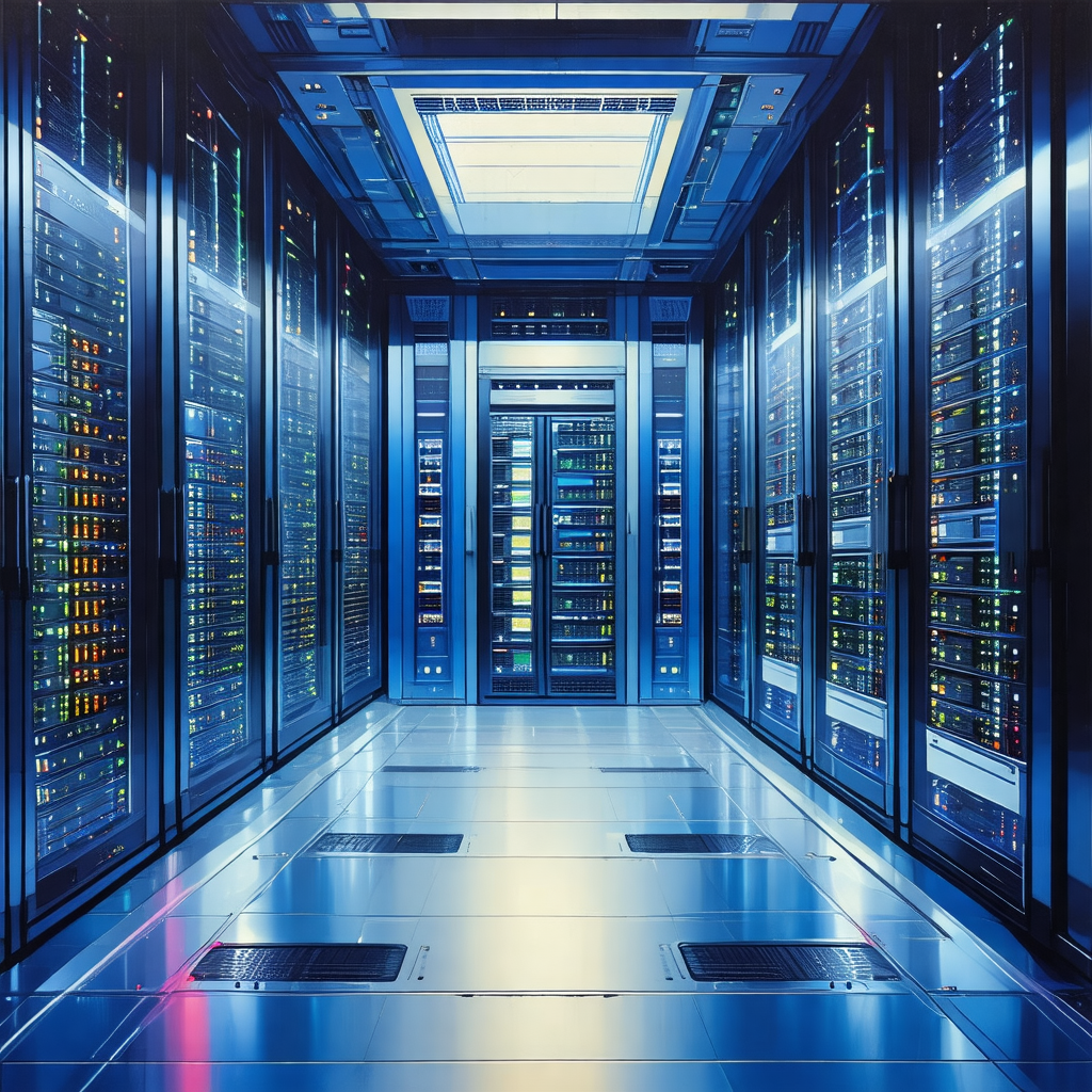 Large, blue room filled with rows of computer servers