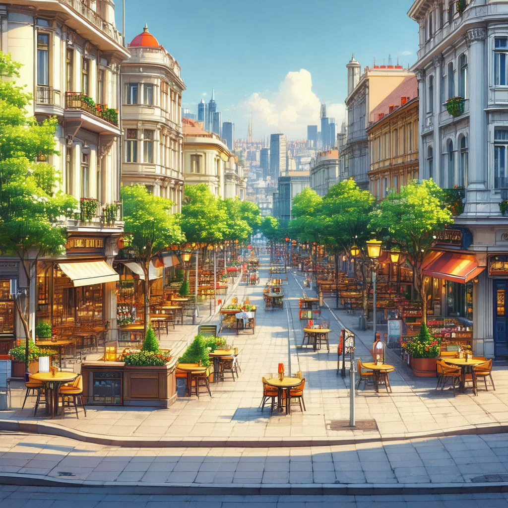 Lively city street filled with numerous dining tables and...