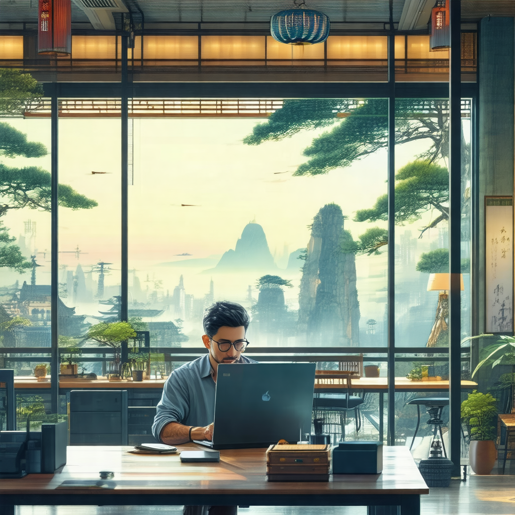 Man sitting at a desk in a room with a large window
