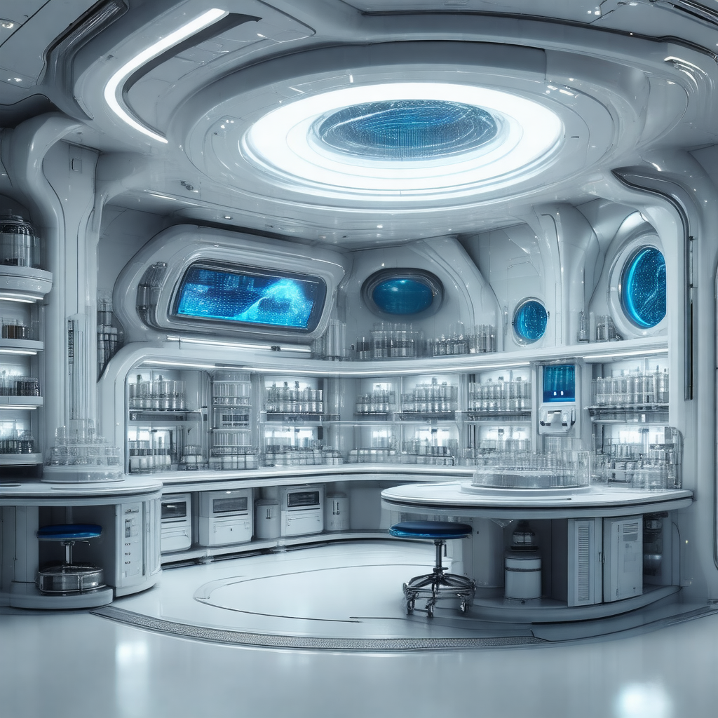 Futuristic laboratory with a large circular window in the...