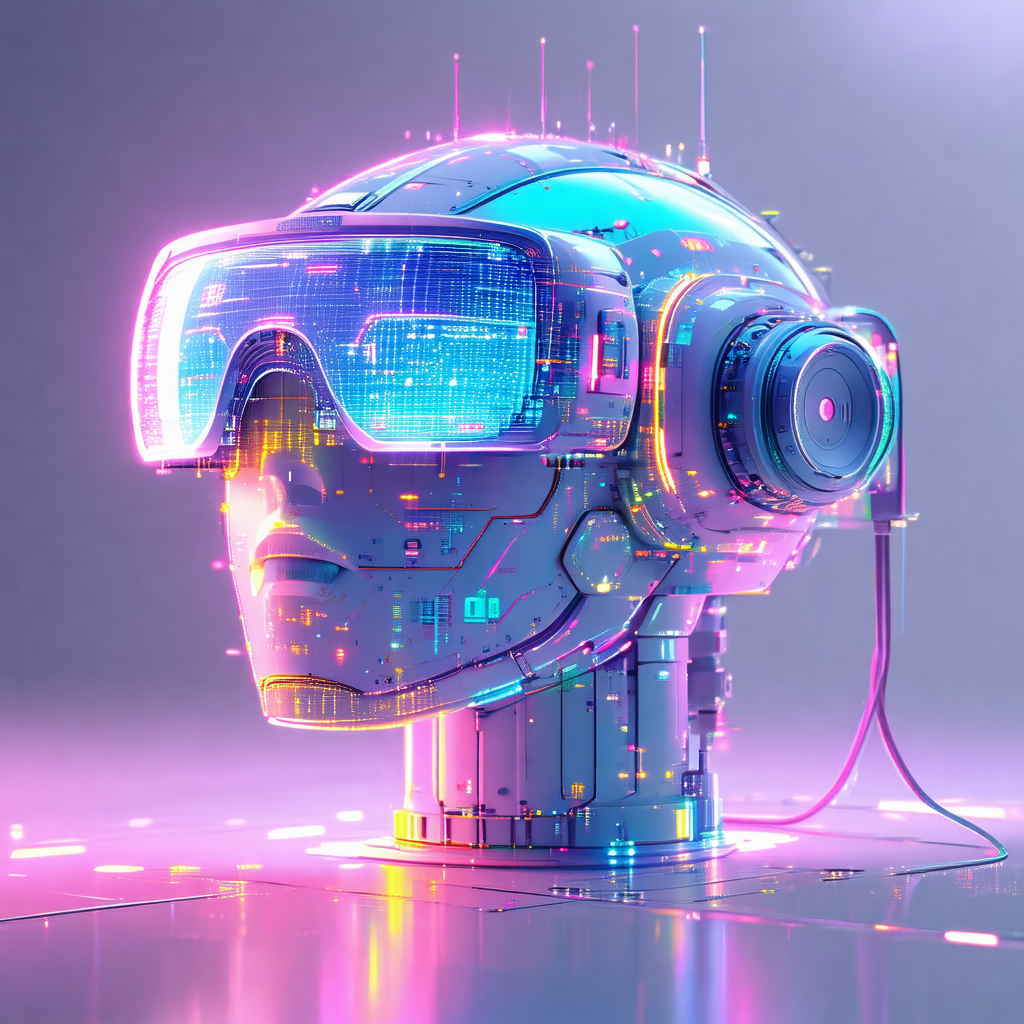 Futuristic robot head with a pair of glowing, colorful he...