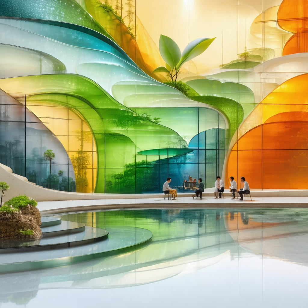 Group of people sitting around a pool in a large, colorfu...