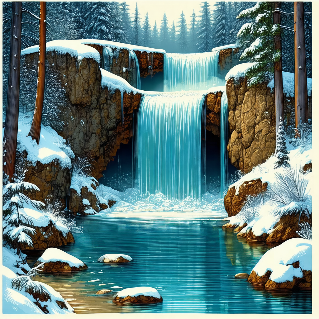 Beautiful waterfall surrounded by snow-covered trees