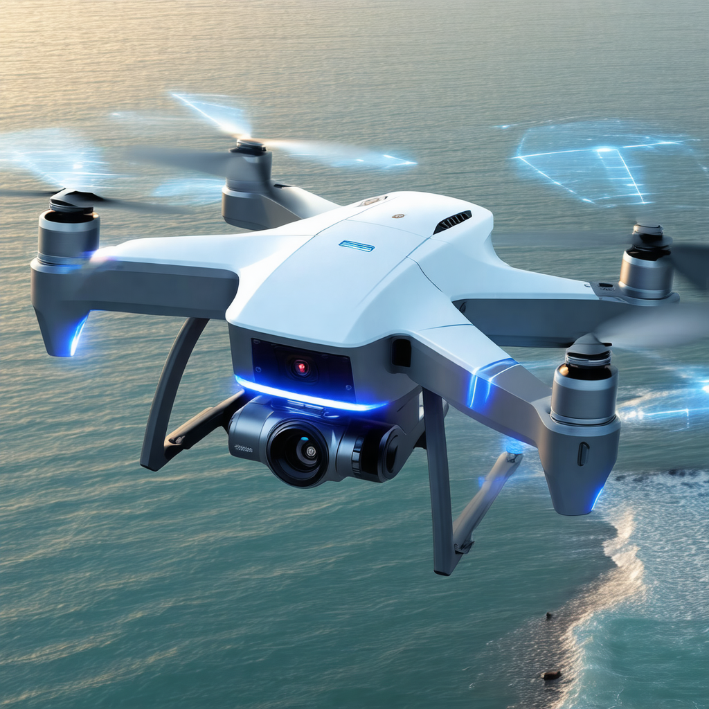 White drone flying over a body of water, possibly the ocean