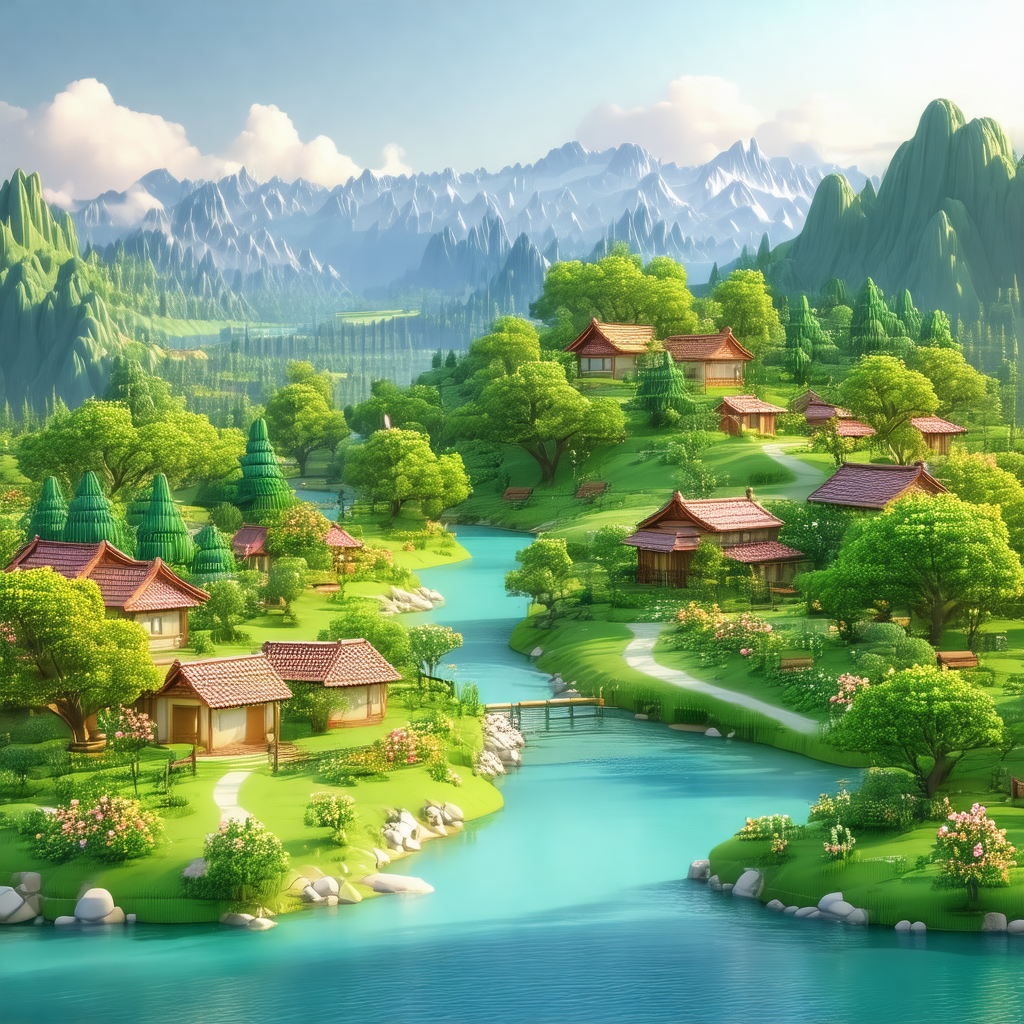Beautifully drawn cartoon of a village situated on a hill...