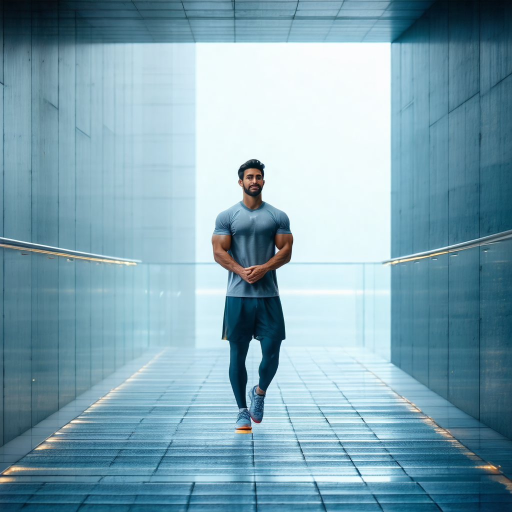 Man wearing a gray shirt and blue shorts, walking down a ...