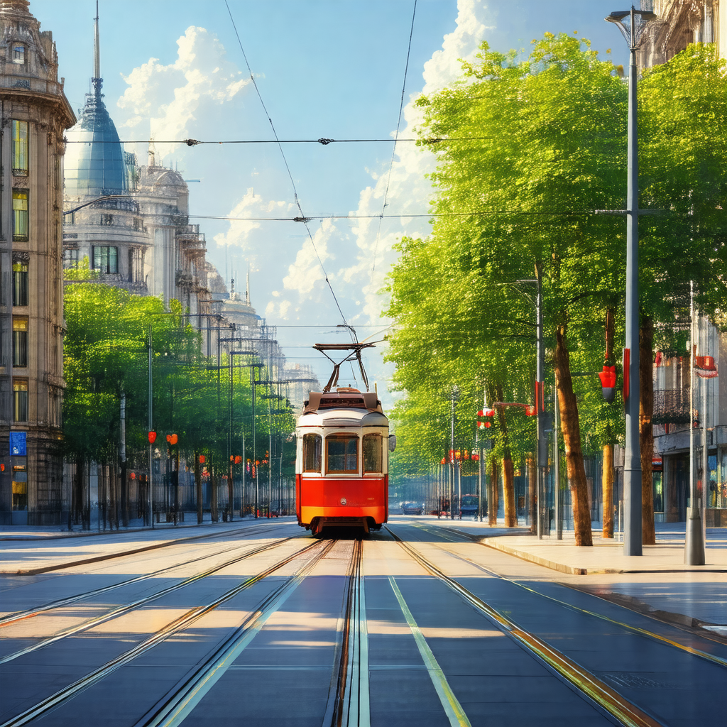 Red tram car traveling down a city street, surrounded by ...