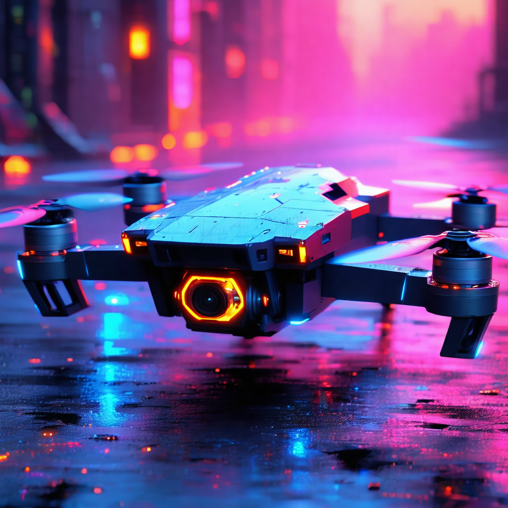 Small drone flying in the air, with its lights on