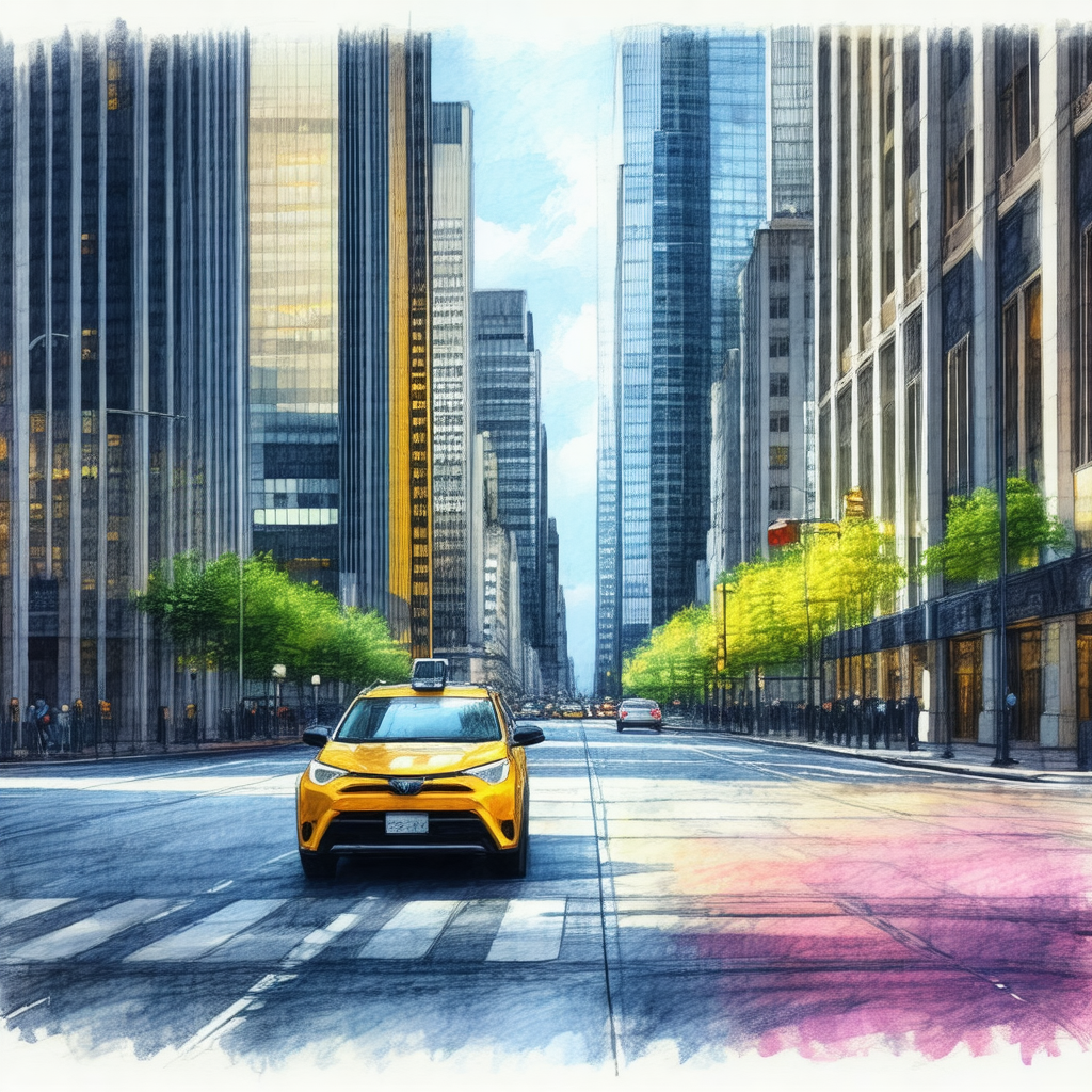Busy city street with a yellow taxi cab driving down the ...