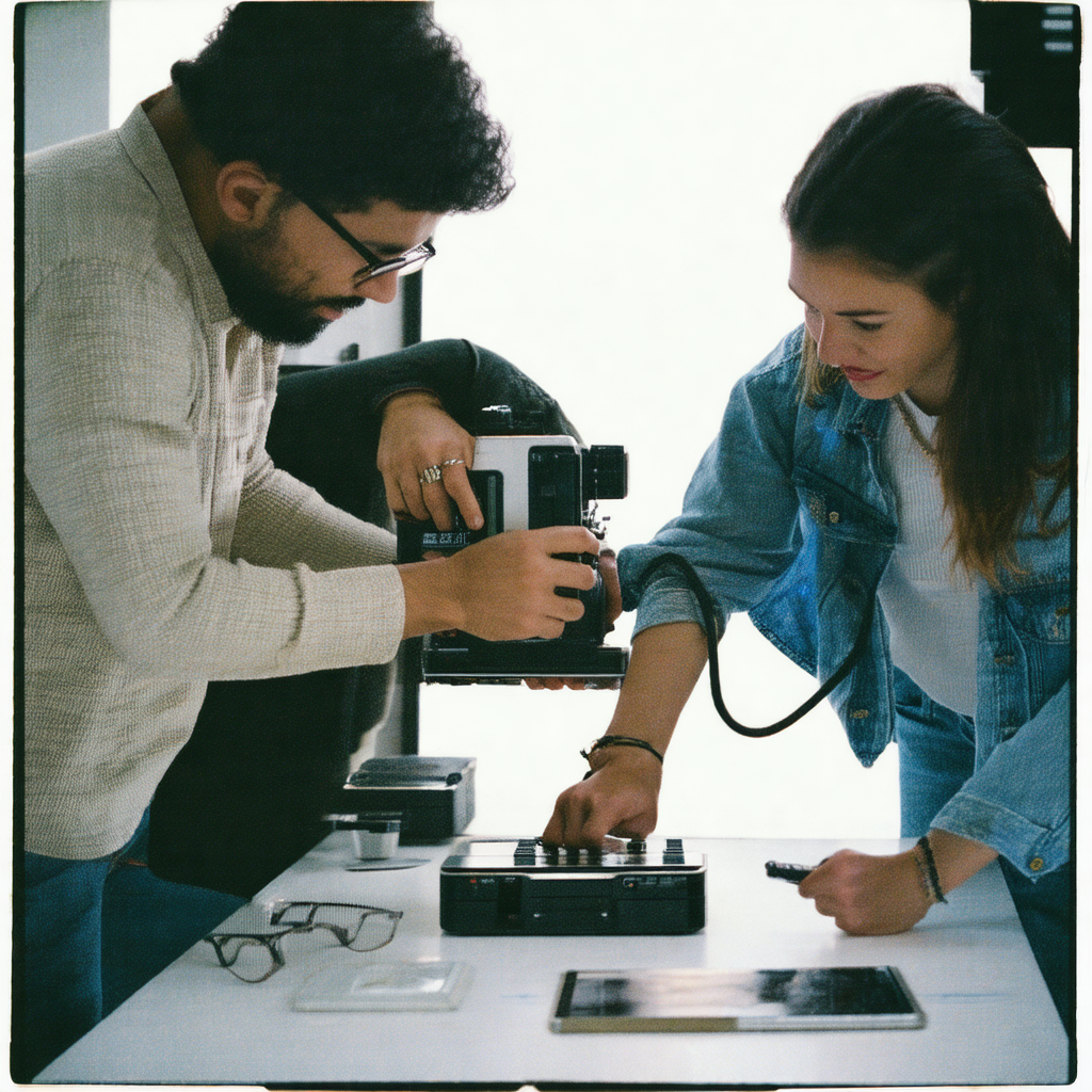 Man and a woman standing next to a table, both holding ca...