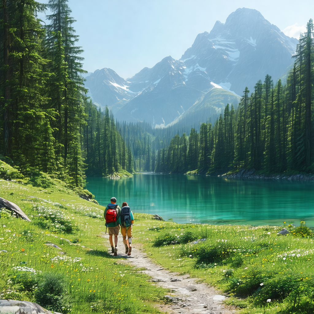 Two people walking along a path in a lush green forest