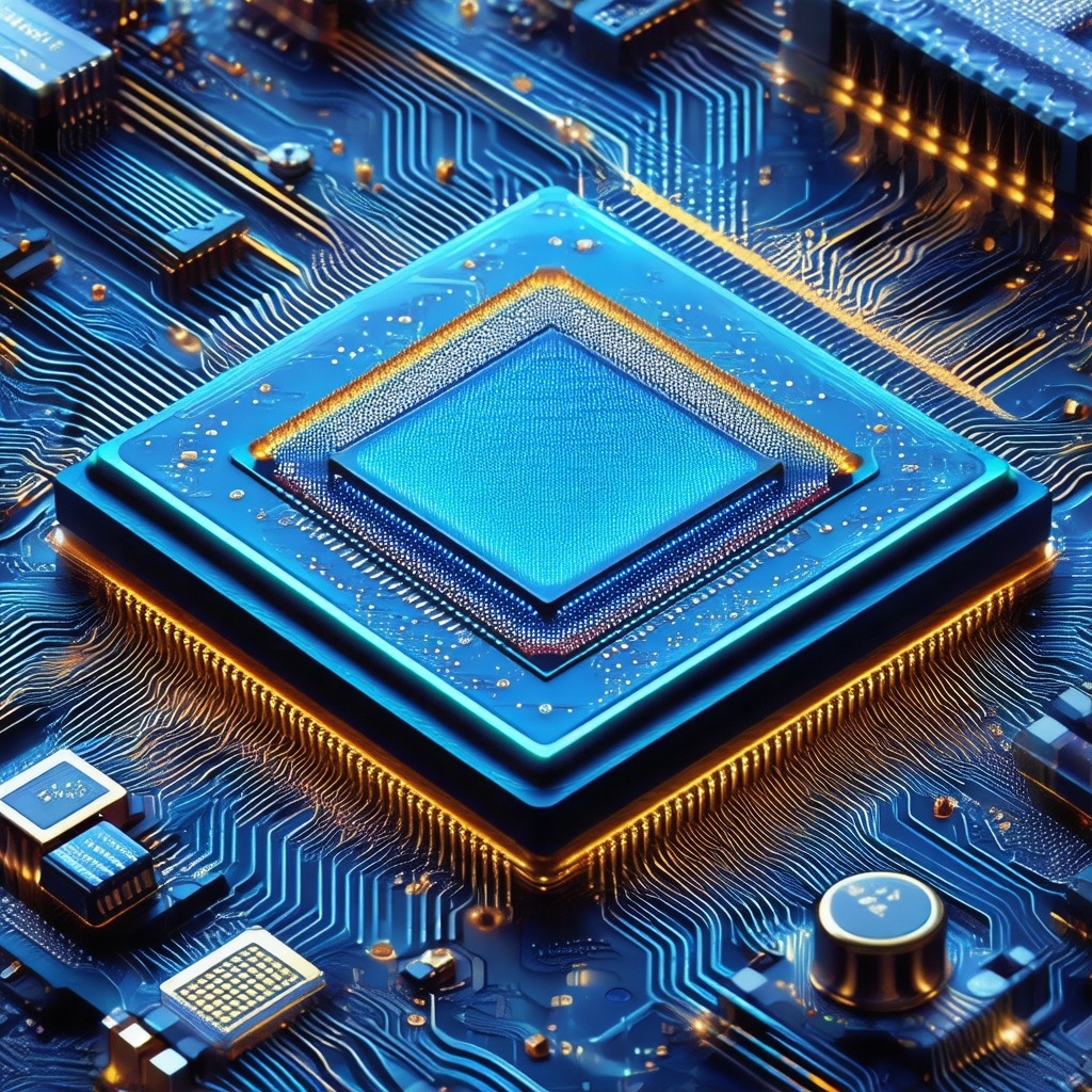 Close-up of a computer chip with a blue square in the center