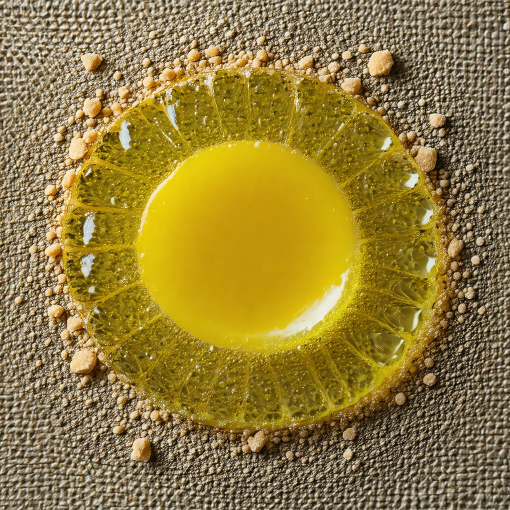 Yellow substance, possibly a sauce or a dessert, placed i...