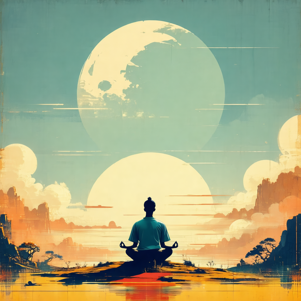 Man sitting in a lotus position on a rock, surrounded by ...