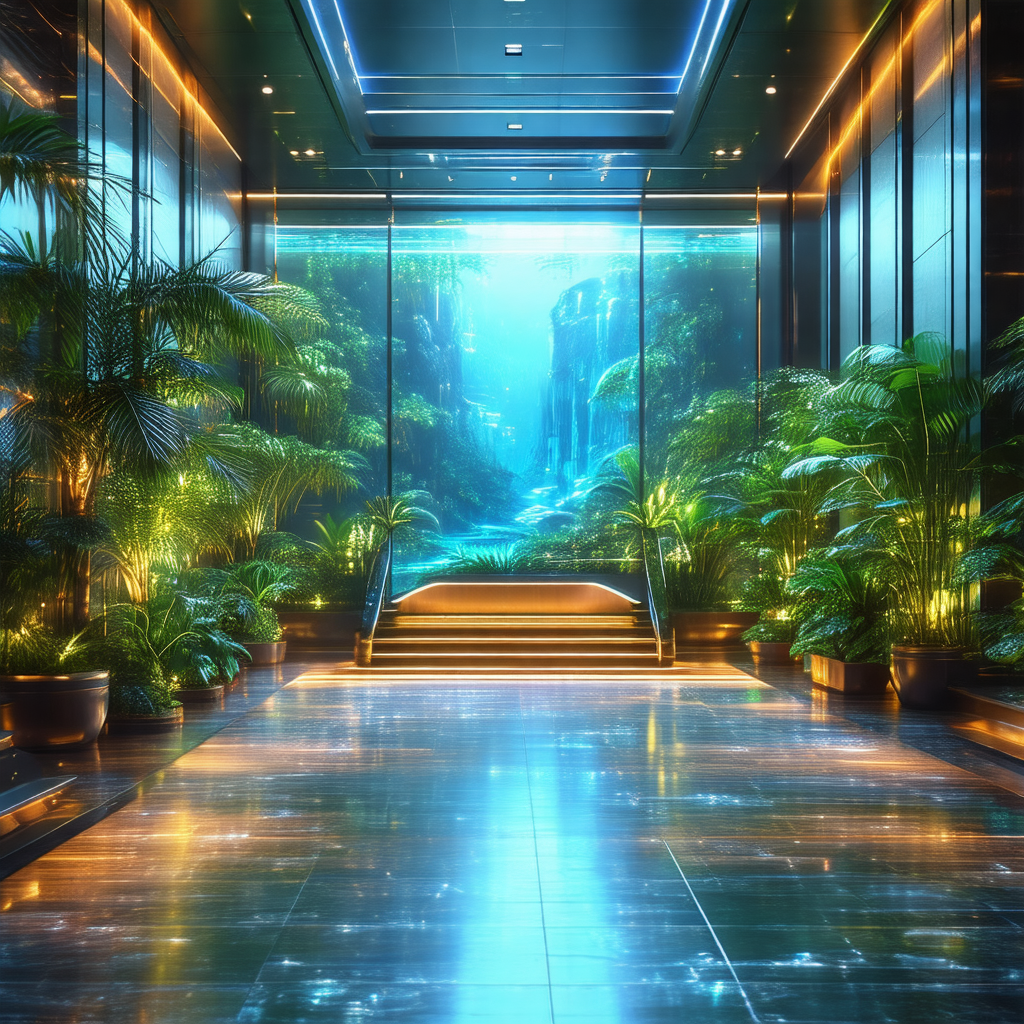 Large, modern aquarium with a waterfall and a staircase l...