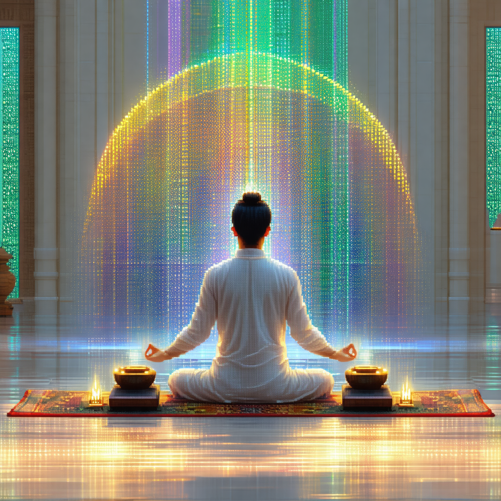 Man sitting on a rug in a room, surrounded by a colorful ...