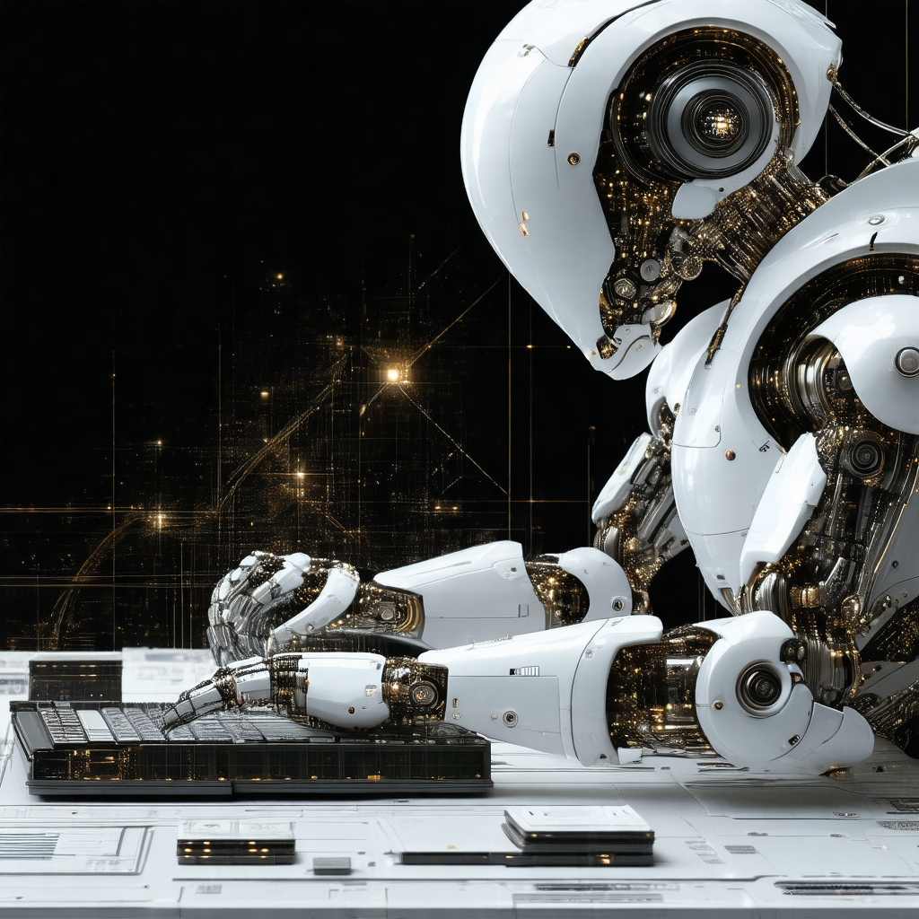 Futuristic robot with a keyboard, sitting at a desk