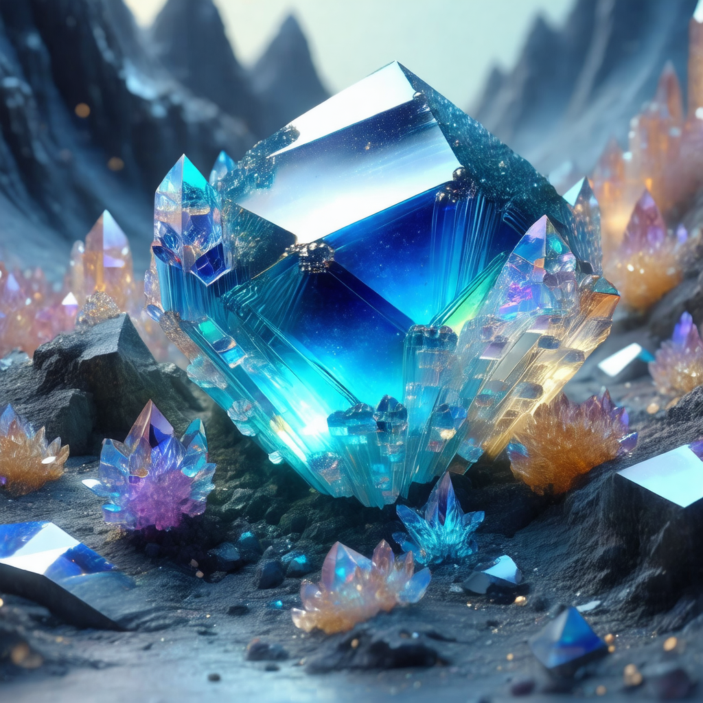 Large, blue crystal sitting on a rocky surface