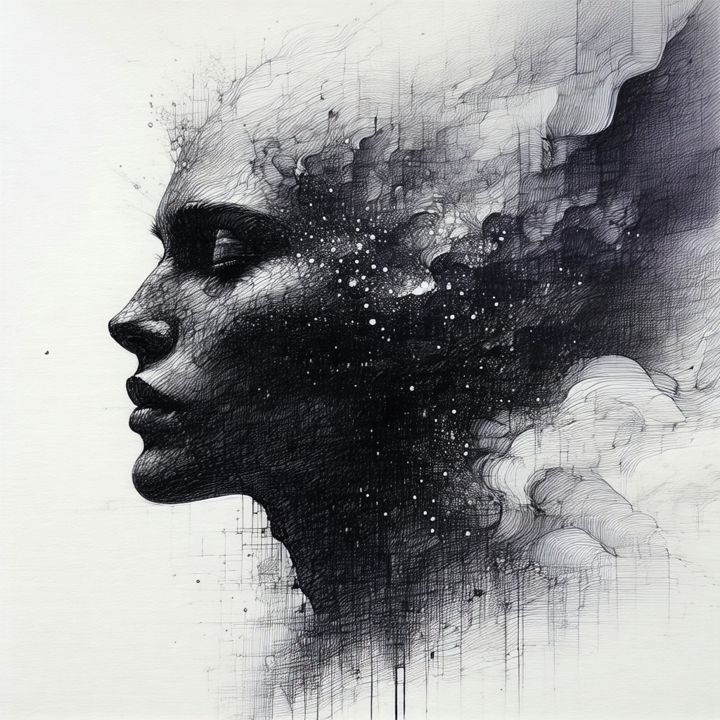 Black and white drawing of a woman's face