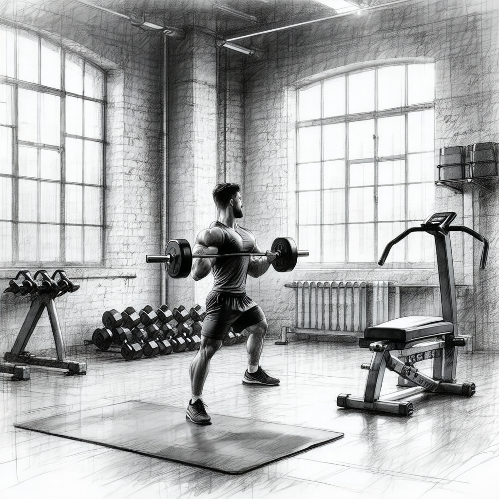 Black and white drawing of a man in a gym, lifting a barbell