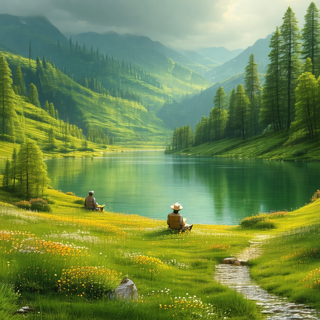 Serene scene of two people sitting on a grassy hillside, ...