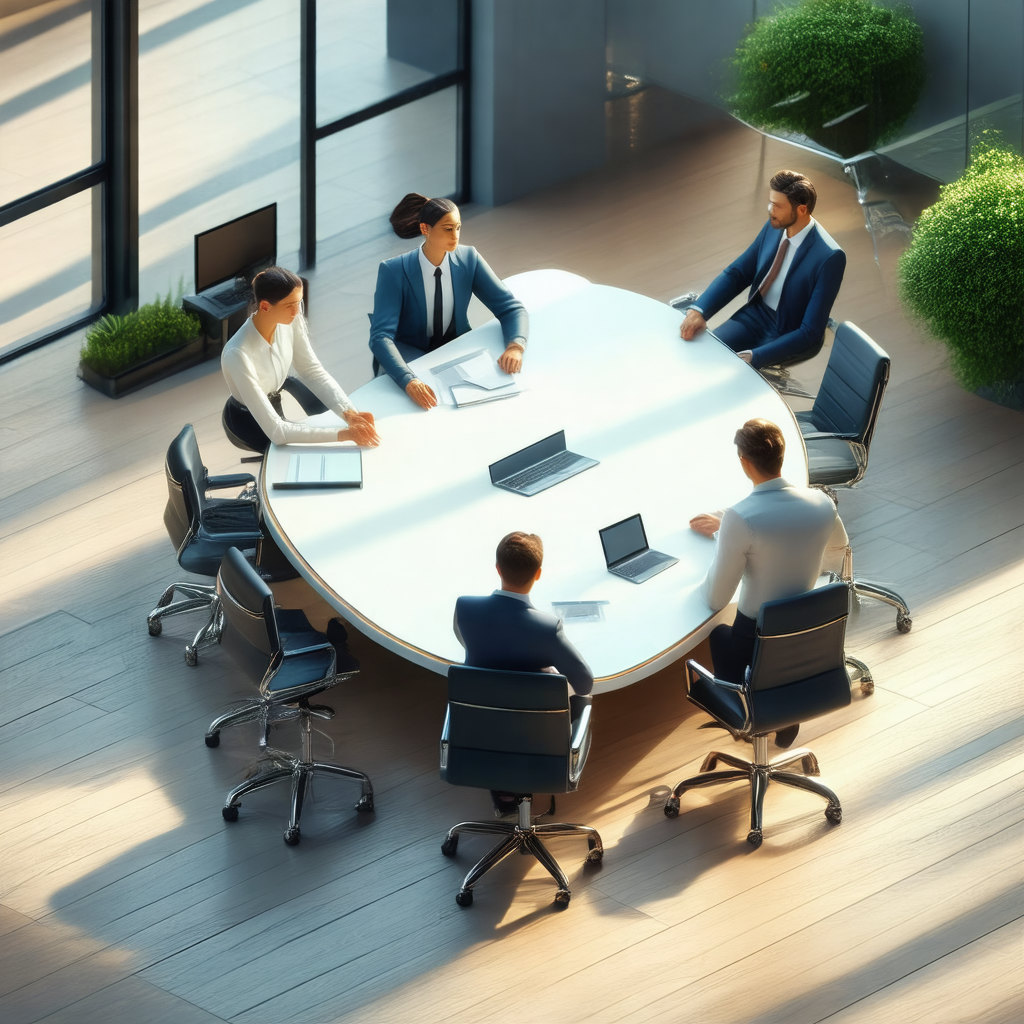 Group of people sitting around a large round table in a c...