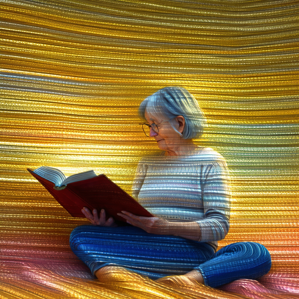 Woman sitting on a colorful blanket, reading a book